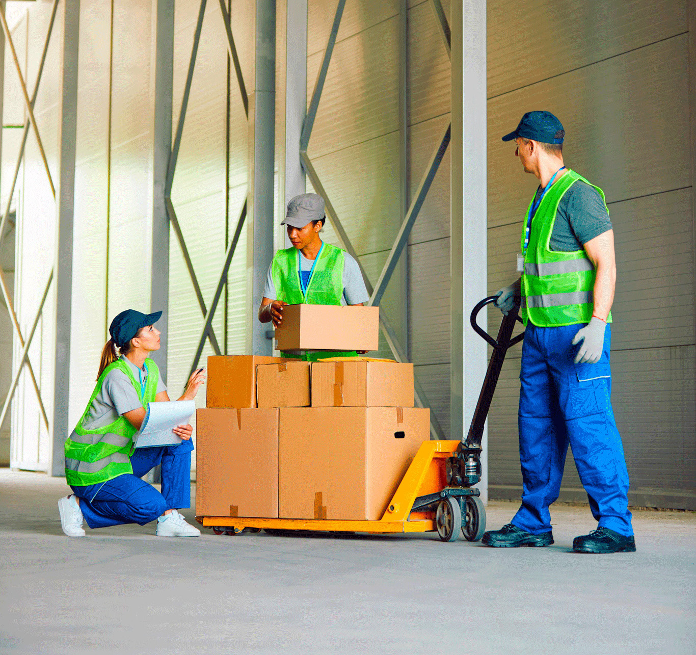 Tre personer i skyddsvästar på ett lager tittar på en handtruck med lådor